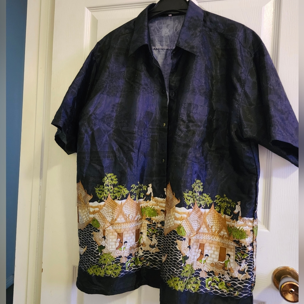 Thai Silk Button Down Short Sleeves, size 10